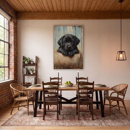 Black Labrador Puppy Burlap Farmhouse wall art in a farmhouse-style room – black puppy with brown eyes resting paws