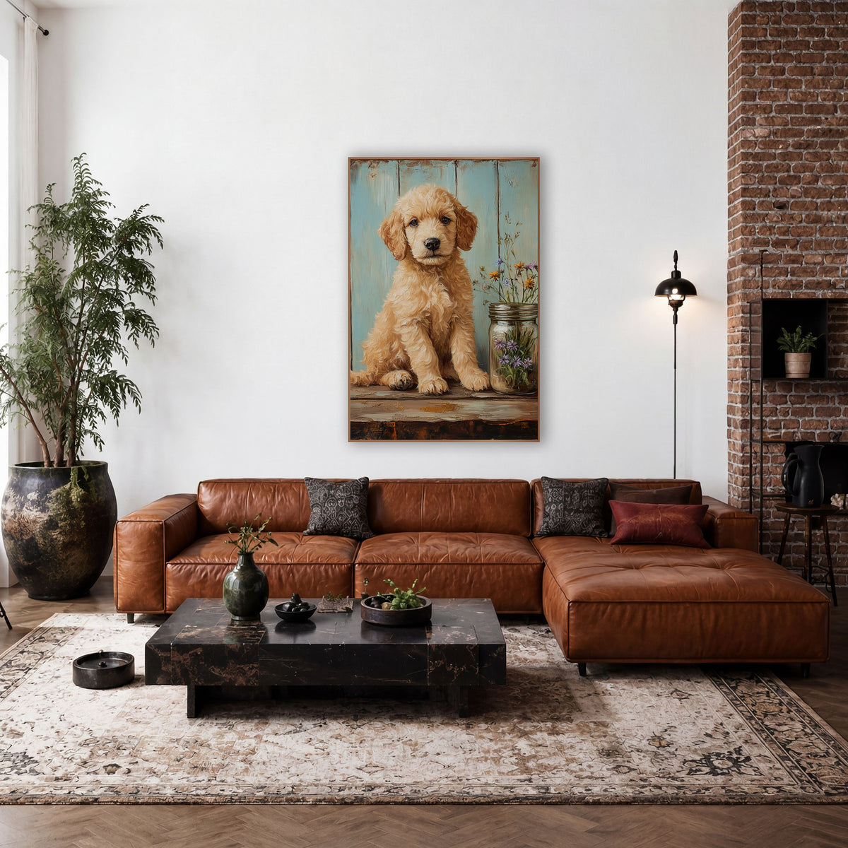 Puppy Beside Right Jar Wildflower Painterly wall art in a farmhouse-style room – curly cream puppy sitting on a worn