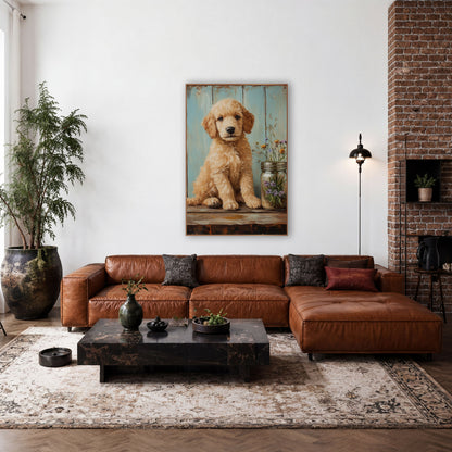 Puppy Beside Right Jar Wildflower Painterly wall art in a farmhouse-style room – curly cream puppy sitting on a worn