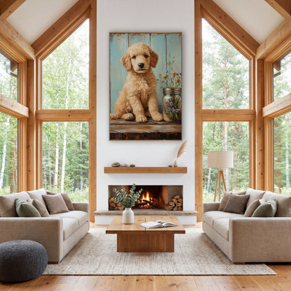 Puppy Beside Right Jar Wildflower Painterly wall art in a farmhouse-style room – curly cream puppy sitting on a worn
