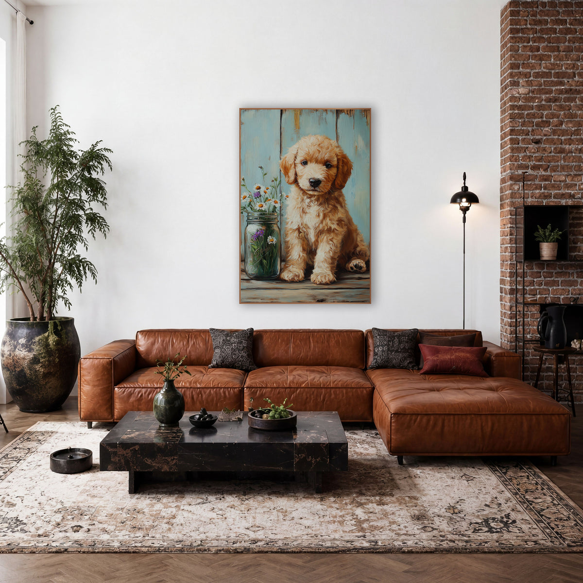Fluffy Puppy Wildflower Jar Farmhouse wall art in a farmhouse-style room – curly apricot puppy sitting beside a glass