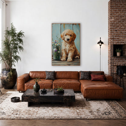 Fluffy Puppy Wildflower Jar Farmhouse wall art in a farmhouse-style room – curly apricot puppy sitting beside a glass