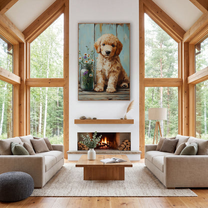 Fluffy Puppy Wildflower Jar Farmhouse wall art in a farmhouse-style room – curly apricot puppy sitting beside a glass