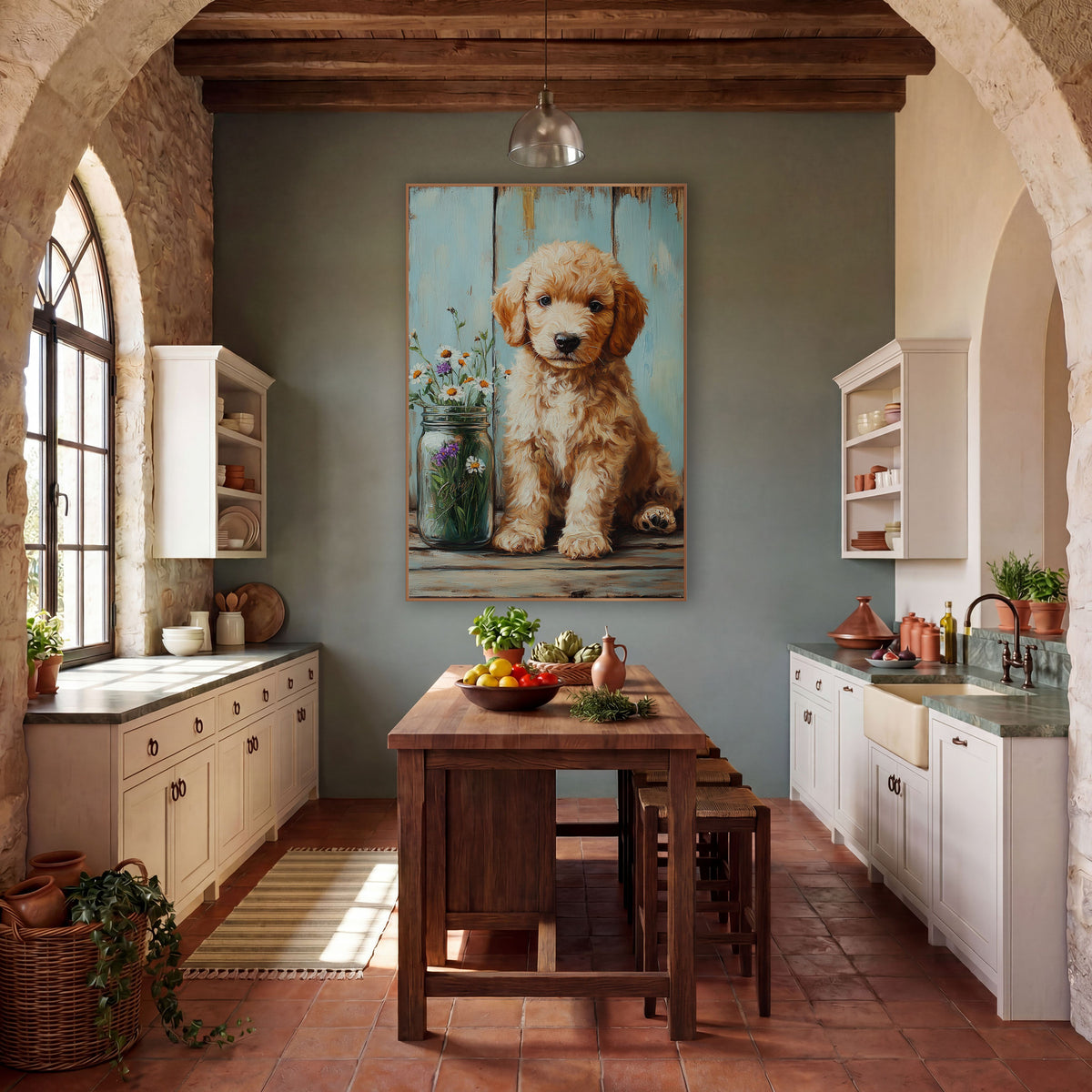 Fluffy Puppy Wildflower Jar Farmhouse wall art in a farmhouse-style room – curly apricot puppy sitting beside a glass