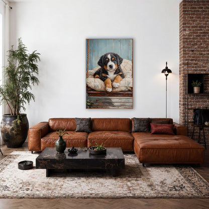 Bernese Puppy Quilted Swing Rustic wall art in a farmhouse-style room – black, white and tan Bernese puppy lying