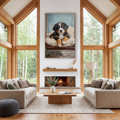 Bernese Puppy Quilted Swing Rustic wall art in a farmhouse-style room – black, white and tan Bernese puppy lying