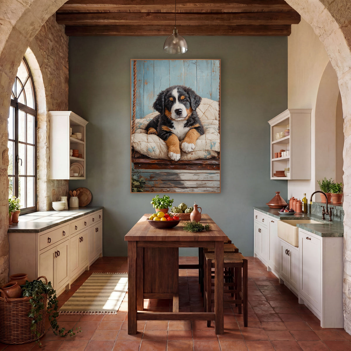 Bernese Puppy Quilted Swing Rustic wall art in a farmhouse-style room – black, white and tan Bernese puppy lying