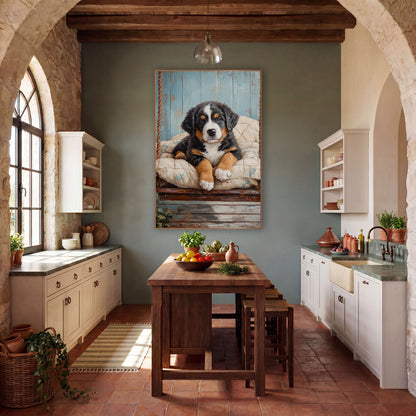 Bernese Puppy Quilted Swing Rustic wall art in a farmhouse-style room – black, white and tan Bernese puppy lying