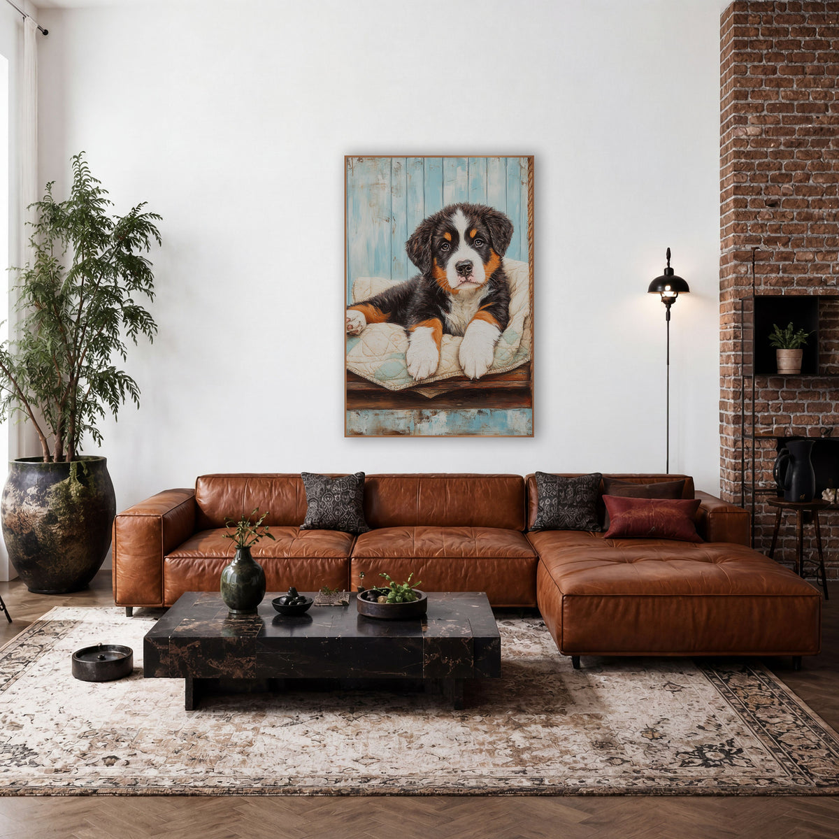 Sprawled Bernese Puppy Teal Quilt Farmhouse wall art in a farmhouse-style room – tricolor Bernese mountain dog puppy