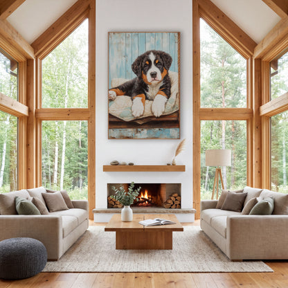 Sprawled Bernese Puppy Teal Quilt Farmhouse wall art in a farmhouse-style room – tricolor Bernese mountain dog puppy