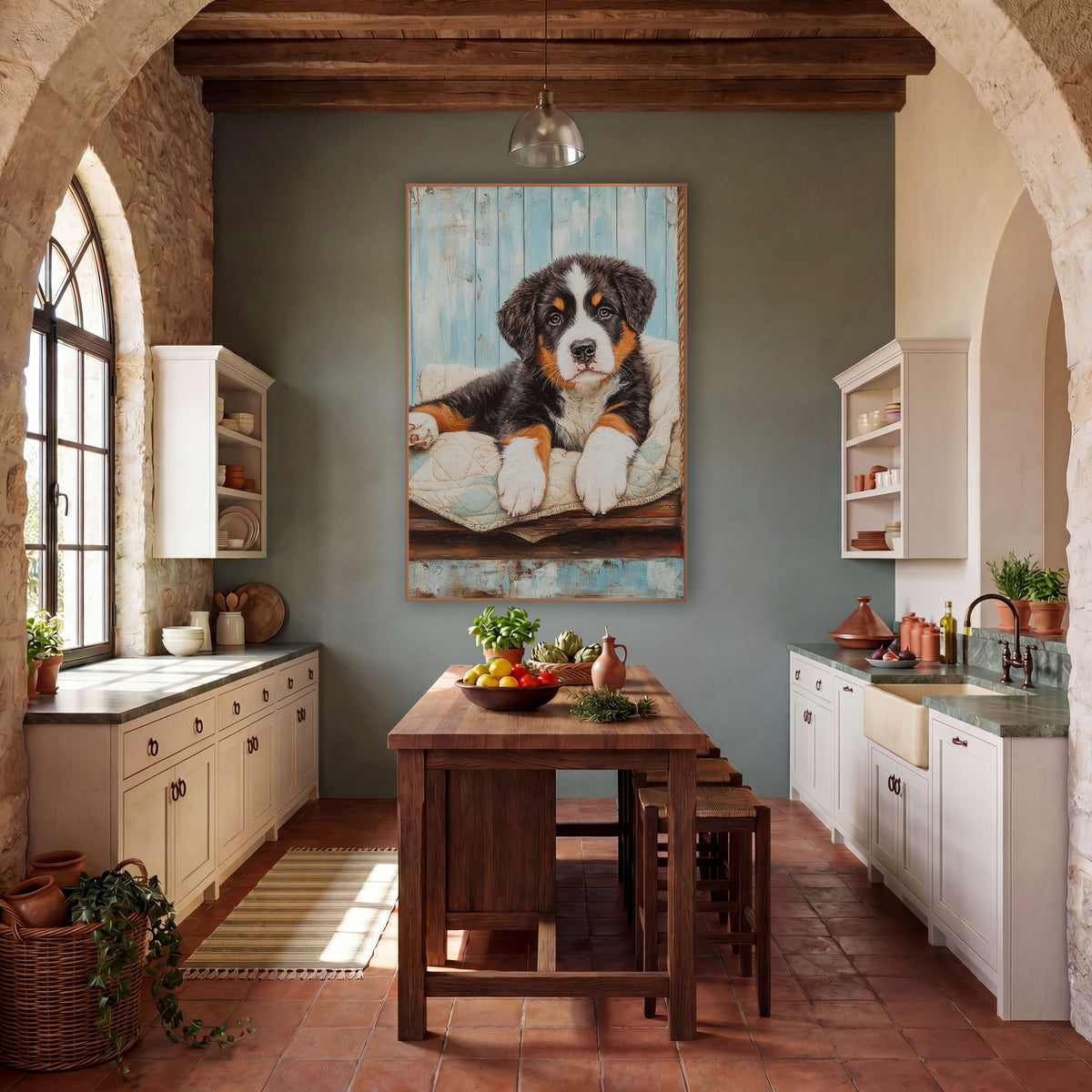 Sprawled Bernese Puppy Teal Quilt Farmhouse wall art in a farmhouse-style room – tricolor Bernese mountain dog puppy