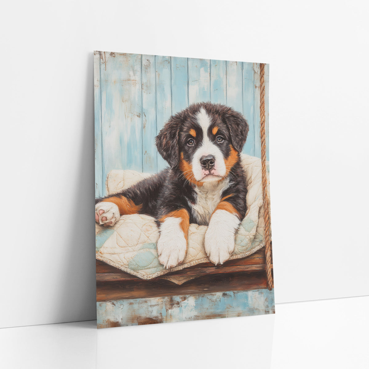 Sprawled Bernese Puppy Teal Quilt Farmhouse art print leaning against a white wall – tricolor Bernese mountain dog puppy