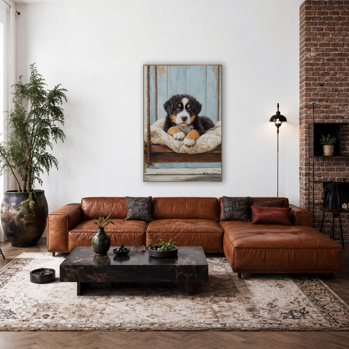 Bernese Puppy Ivy Rope Swing Farmhouse wall art in a farmhouse-style room – fluffy black, white and tan puppy resting