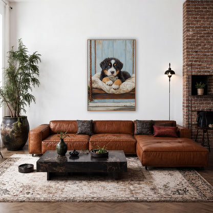 Bernese Puppy Ivy Rope Swing Farmhouse wall art in a farmhouse-style room – fluffy black, white and tan puppy resting
