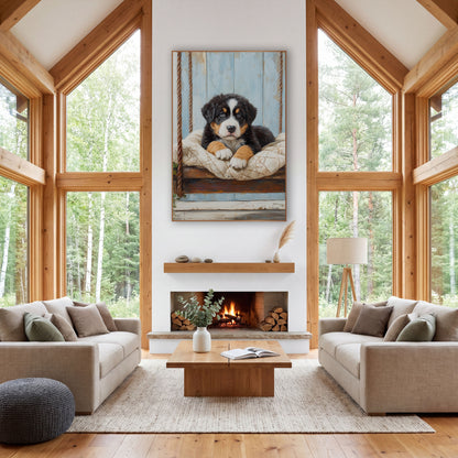 Bernese Puppy Ivy Rope Swing Farmhouse wall art in a farmhouse-style room – fluffy black, white and tan puppy resting