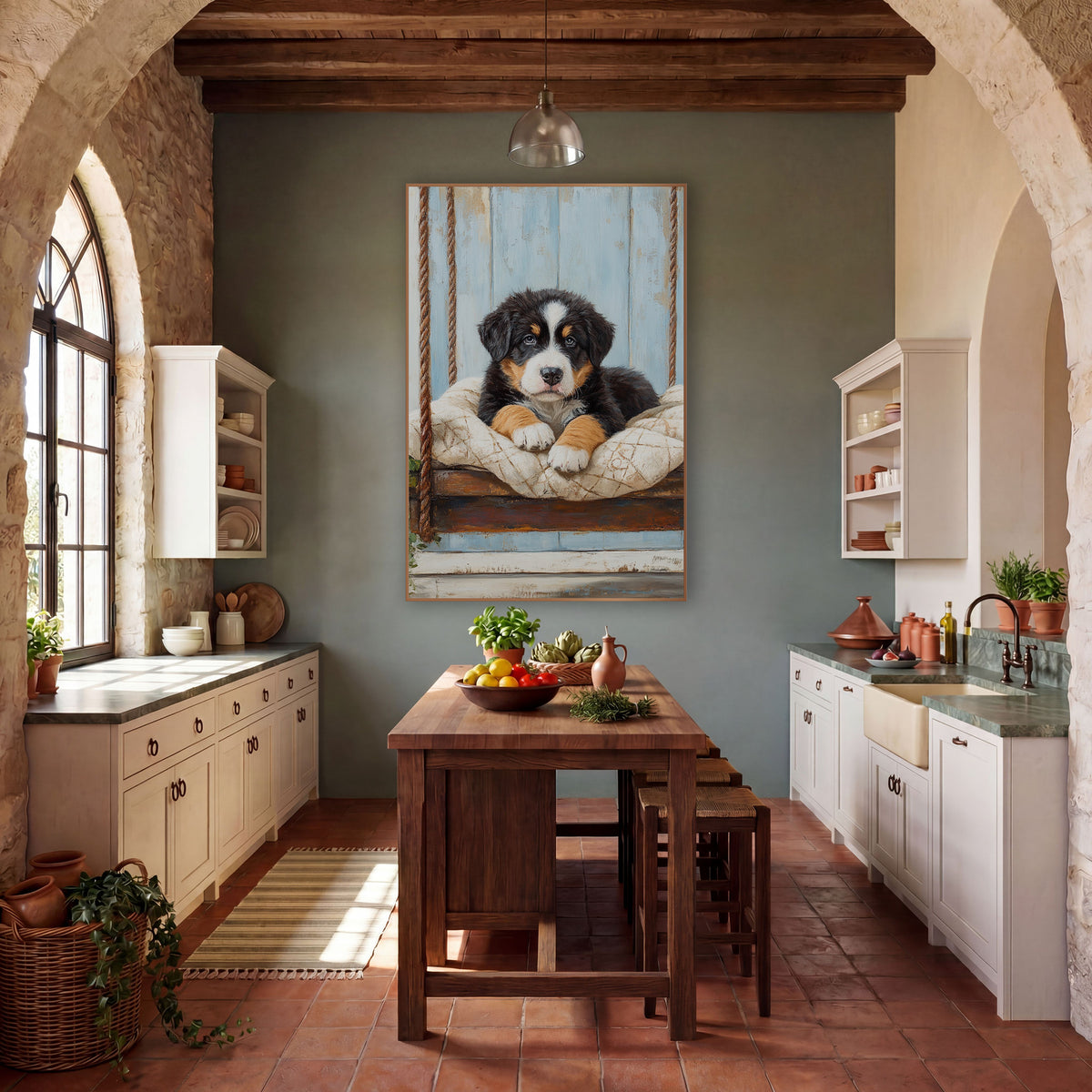 Bernese Puppy Ivy Rope Swing Farmhouse wall art in a farmhouse-style room – fluffy black, white and tan puppy resting