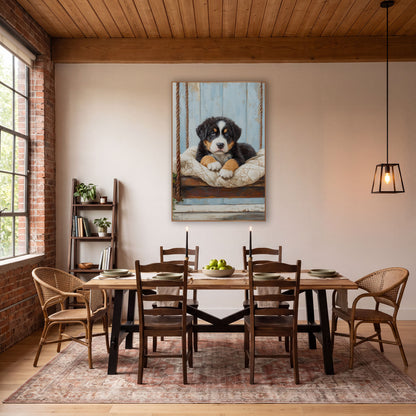 Bernese Puppy Ivy Rope Swing Farmhouse wall art in a farmhouse-style room – fluffy black, white and tan puppy resting