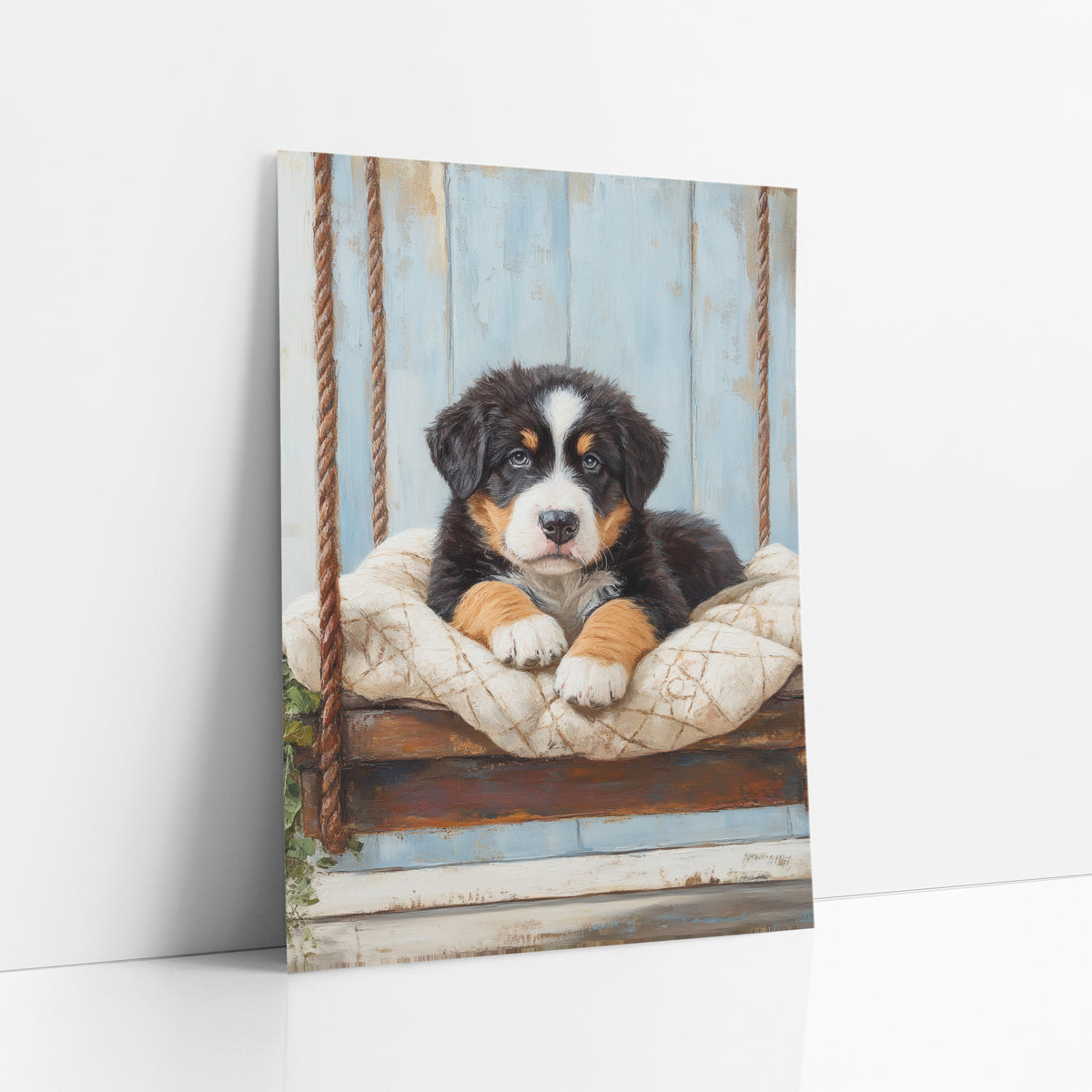Bernese Puppy Ivy Rope Swing Farmhouse art print leaning against a white wall – fluffy black, white and tan puppy resting