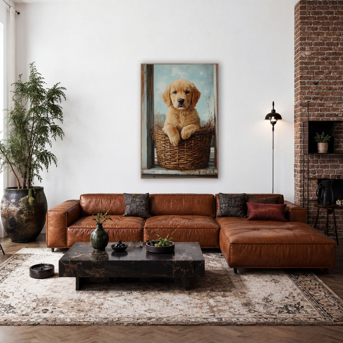 Golden Puppy in Wicker Basket Farmhouse wall art in a farmhouse-style room – golden puppy with floppy ears resting