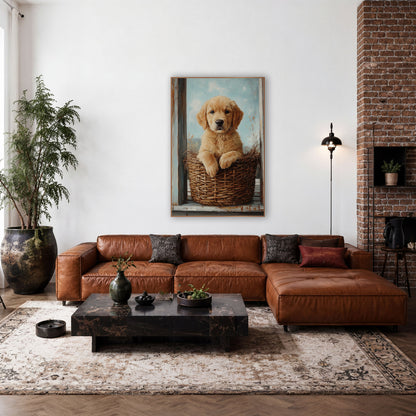 Golden Puppy in Wicker Basket Farmhouse wall art in a farmhouse-style room – golden puppy with floppy ears resting