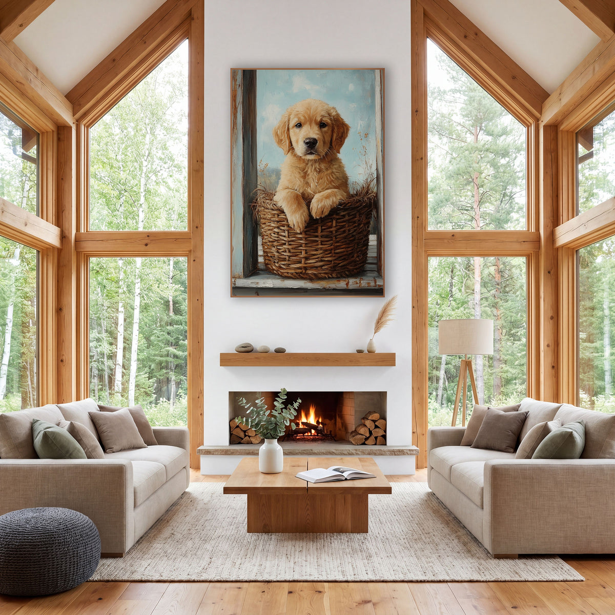 Golden Puppy in Wicker Basket Farmhouse wall art in a farmhouse-style room – golden puppy with floppy ears resting