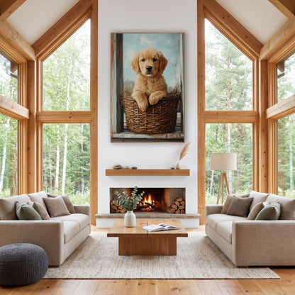 Golden Puppy in Wicker Basket Farmhouse wall art in a farmhouse-style room – golden puppy with floppy ears resting