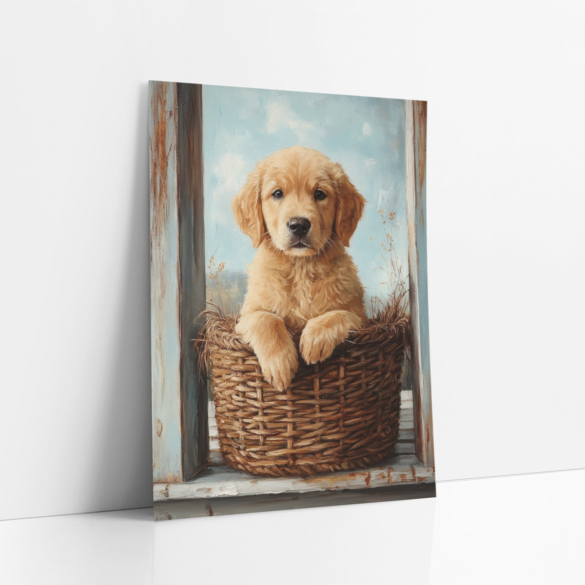Golden Puppy in Wicker Basket Farmhouse art print leaning against a white wall – golden puppy with floppy ears resting