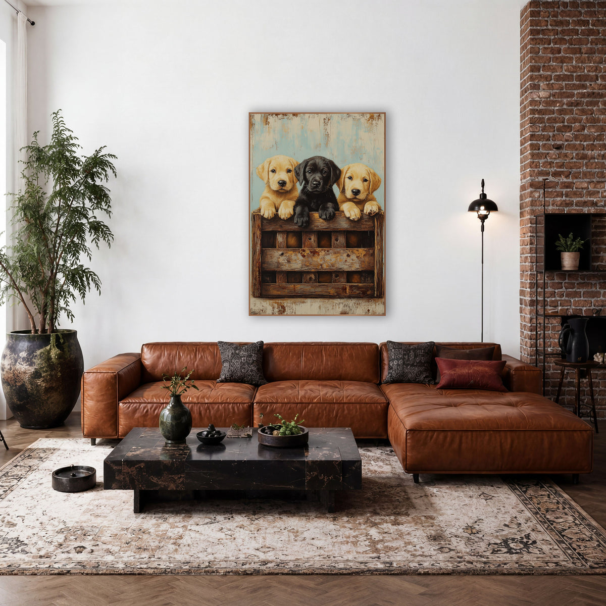 Three Puppies Rustic Crate Farmhouse wall art in a farmhouse-style room – two yellow puppies and one black puppy look