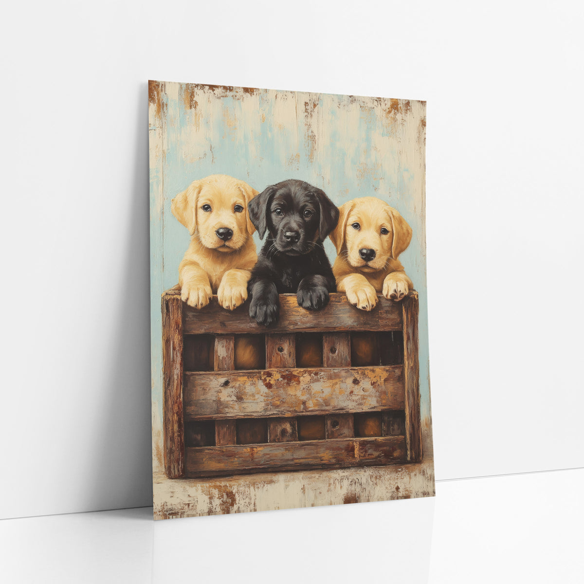 Three Puppies Rustic Crate Farmhouse art print leaning against a white wall – two yellow puppies and one black puppy look out