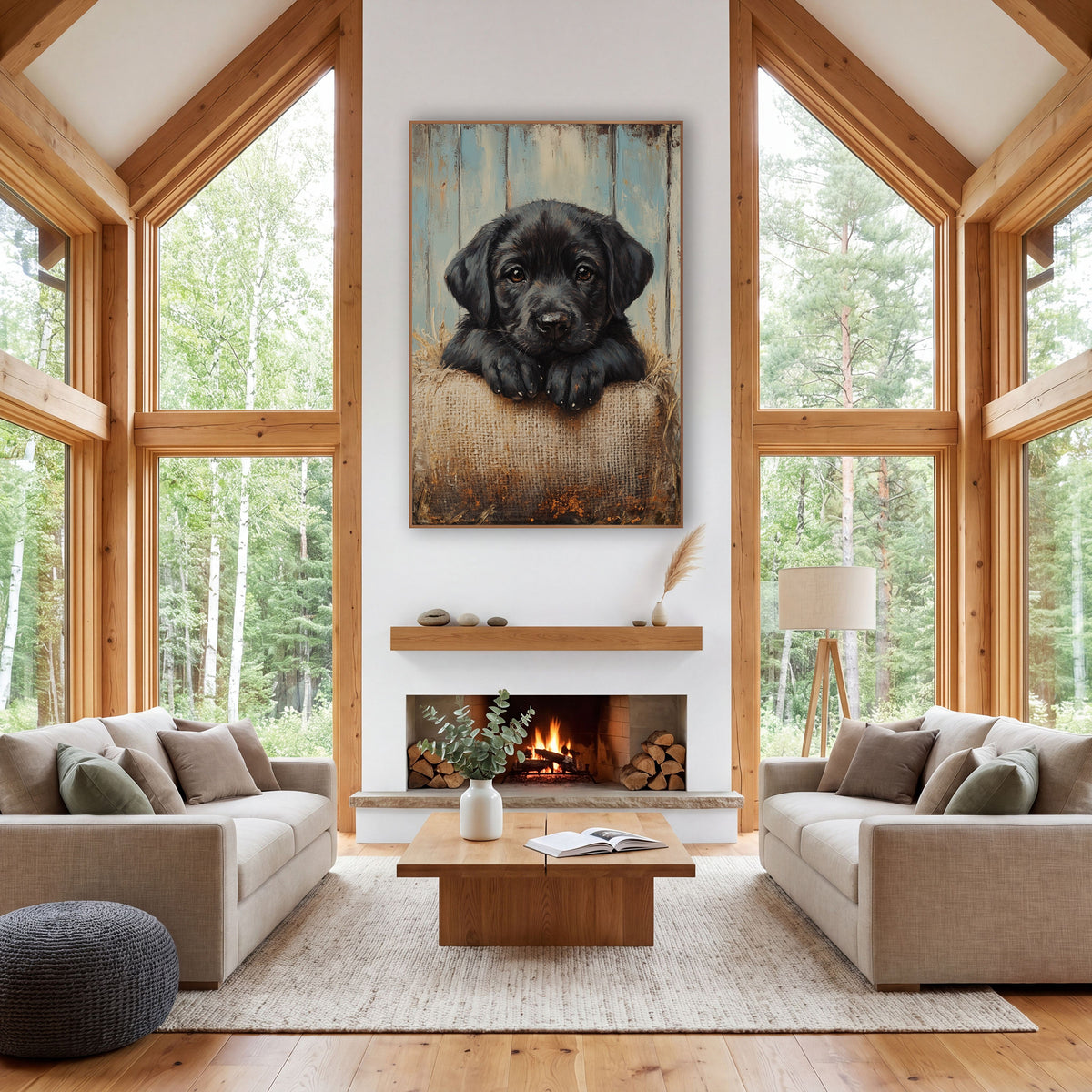 Black Pup Paws Burlap Rustic wall art in a farmhouse-style room – black puppy with brown eyes resting paws on a burlap