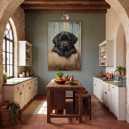 Black Pup Paws Burlap Rustic wall art in a farmhouse-style room – black puppy with brown eyes resting paws on a burlap