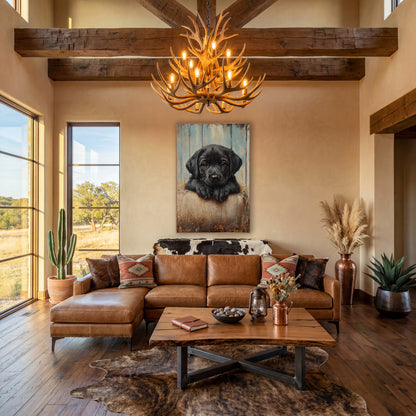 Black Pup Paws Burlap Rustic wall art in a farmhouse-style room – black puppy with brown eyes resting paws on a burlap