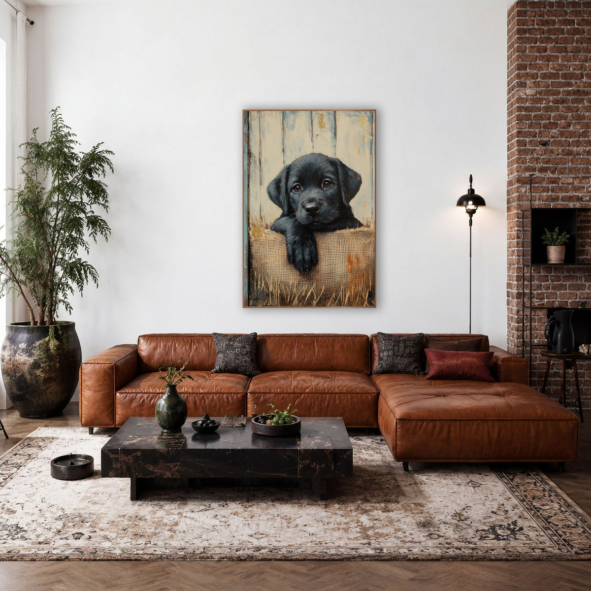 Black Pup Single Paw Cream wall art in a farmhouse-style room – black puppy resting a paw over a burlap sack in front