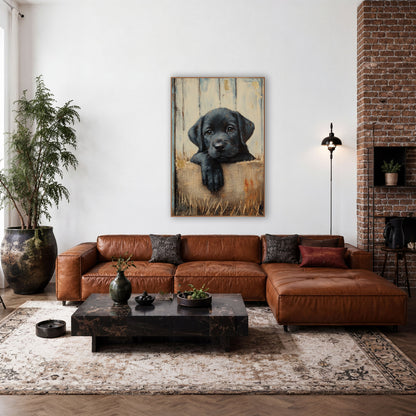 Black Pup Single Paw Cream wall art in a farmhouse-style room – black puppy resting a paw over a burlap sack in front