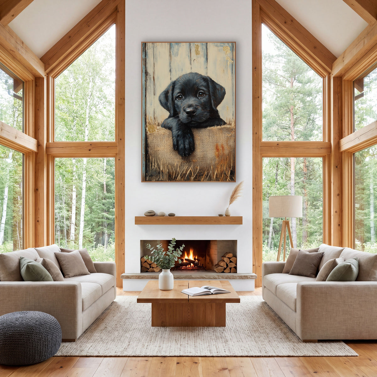Black Pup Single Paw Cream wall art in a farmhouse-style room – black puppy resting a paw over a burlap sack in front