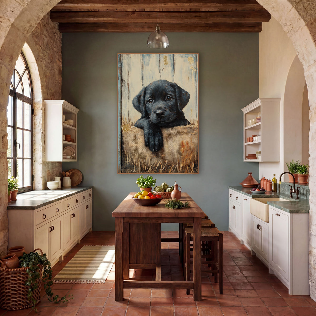 Black Pup Single Paw Cream wall art in a farmhouse-style room – black puppy resting a paw over a burlap sack in front