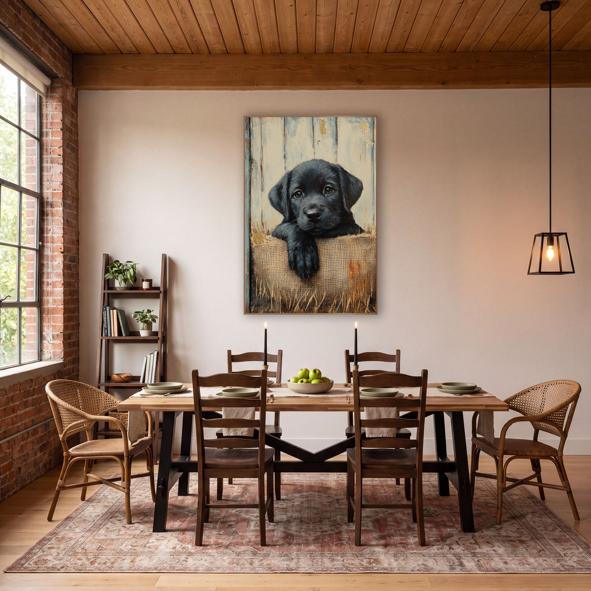 Black Pup Single Paw Cream wall art in a farmhouse-style room – black puppy resting a paw over a burlap sack in front