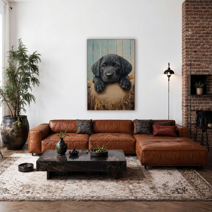 Black Pup Frayed Burlap Rustic wall art in a farmhouse-style room – black puppy with brown eyes resting its paws