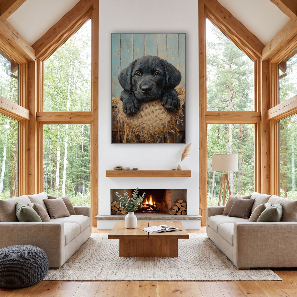Black Pup Frayed Burlap Rustic wall art in a farmhouse-style room – black puppy with brown eyes resting its paws