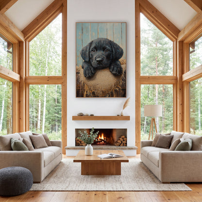 Black Pup Frayed Burlap Rustic wall art in a farmhouse-style room – black puppy with brown eyes resting its paws