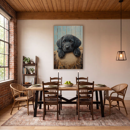 Black Pup Frayed Burlap Rustic wall art in a farmhouse-style room – black puppy with brown eyes resting its paws