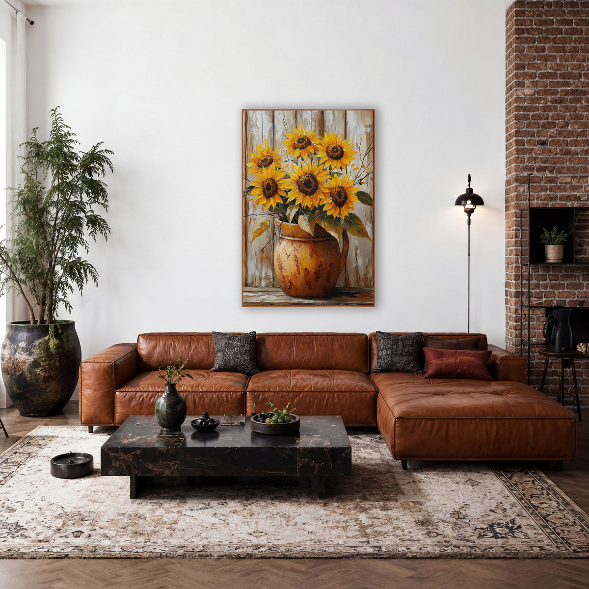 Rustic Sunflower Crock Farmhouse Decor wall art in a farmhouse-style room – five yellow sunflowers in a scuffed