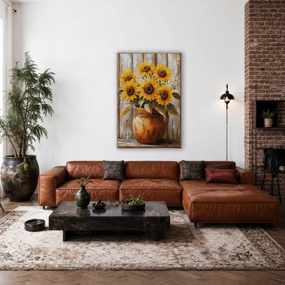 Rustic Sunflower Crock Farmhouse Decor wall art in a farmhouse-style room – five yellow sunflowers in a scuffed