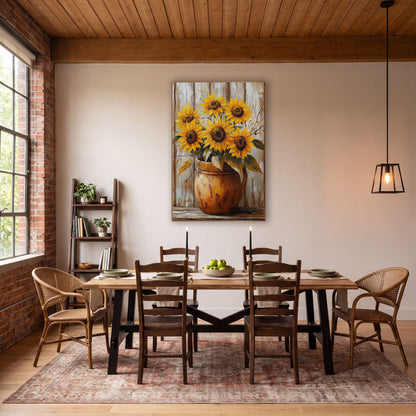 Rustic Sunflower Crock Farmhouse Decor wall art in a farmhouse-style room – five yellow sunflowers in a scuffed