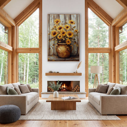 Golden Sunflowers Crock Rustic Farmhouse wall art in a farmhouse-style room – yellow sunflowers in a cracked