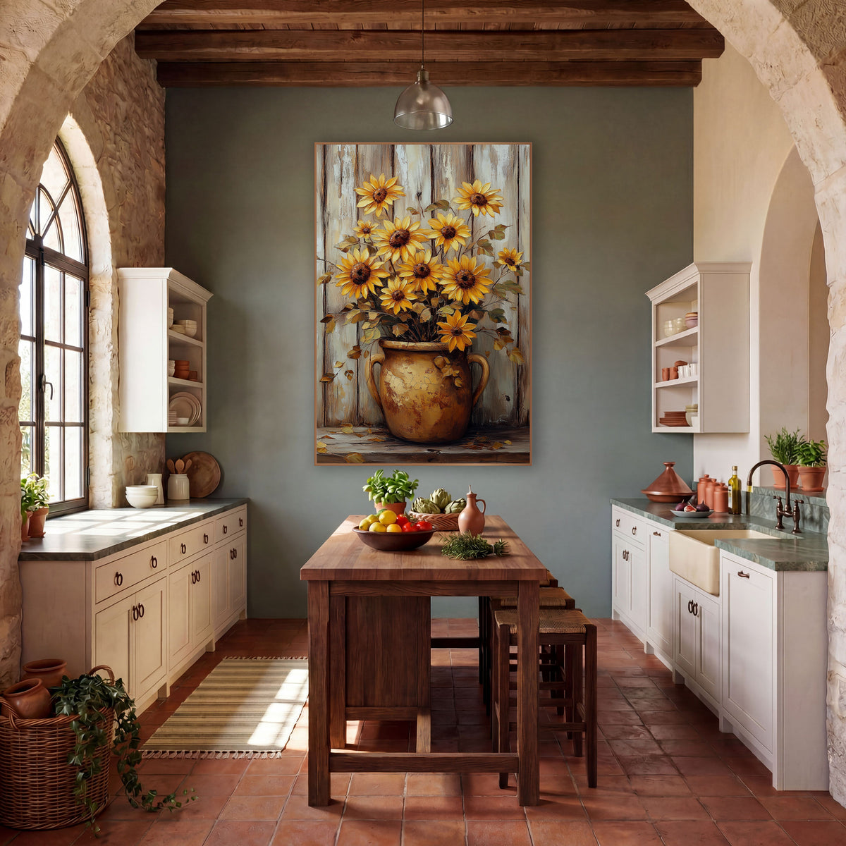 Golden Sunflowers Crock Rustic Farmhouse wall art in a farmhouse-style room – yellow sunflowers in a cracked