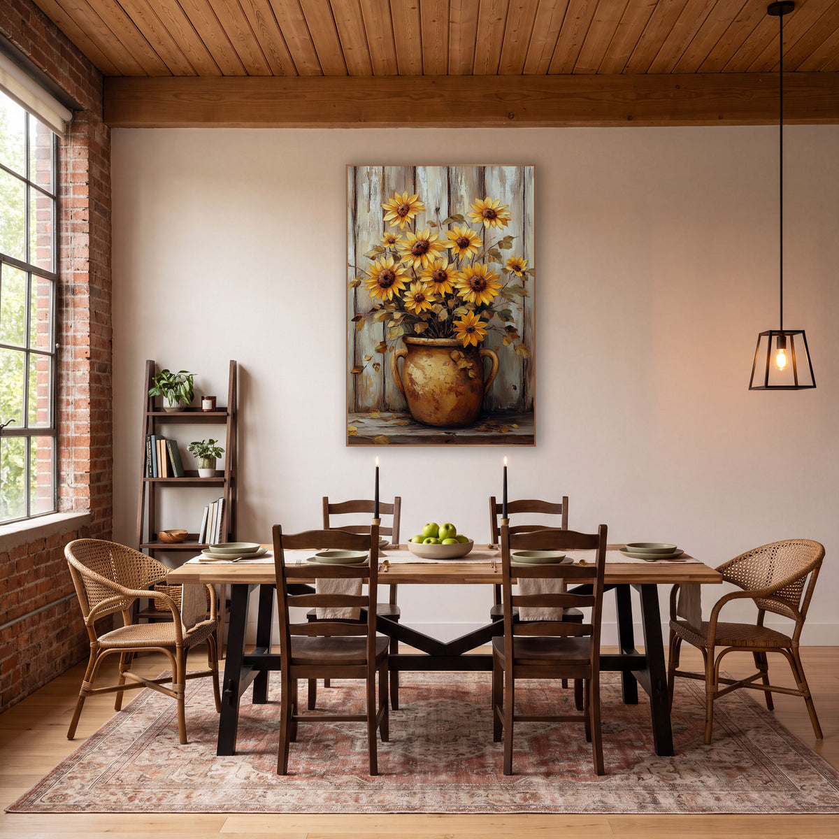 Golden Sunflowers Crock Rustic Farmhouse wall art in a farmhouse-style room – yellow sunflowers in a cracked