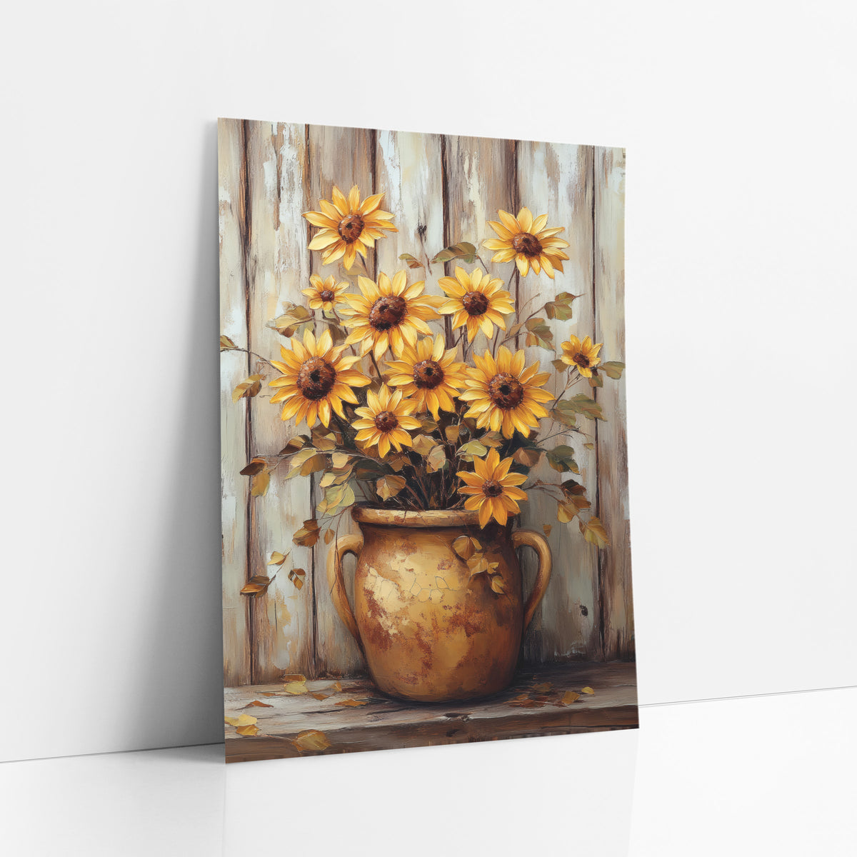 Golden Sunflowers Crock Rustic Farmhouse art print leaning against a white wall – yellow sunflowers in a cracked two-handled