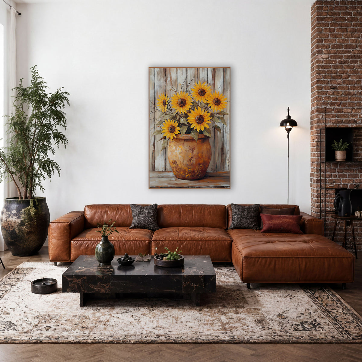 Rusty Round Crock Sunflowers Rustic wall art in a farmhouse-style room – five yellow sunflowers in a rust-orange crock