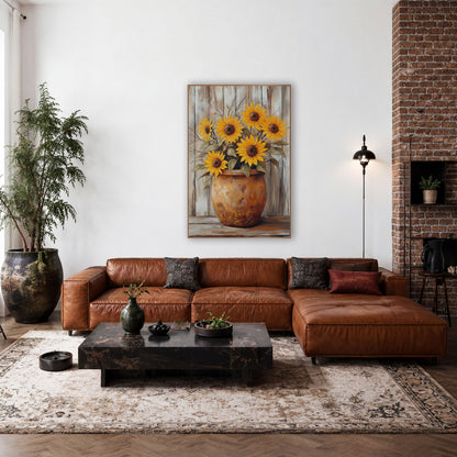 Rusty Round Crock Sunflowers Rustic wall art in a farmhouse-style room – five yellow sunflowers in a rust-orange crock
